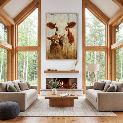 Cow Calf Whitewashed Planks Rustic wall art in a rustic western-style room – white-faced cow with rust red ears