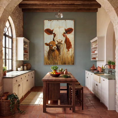 Cow Calf Whitewashed Planks Rustic wall art in a rustic western-style room – white-faced cow with rust red ears