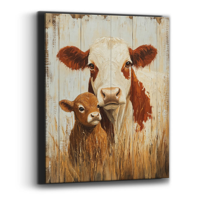 Cow Calf Whitewashed Planks Rustic Canvas Wall Art