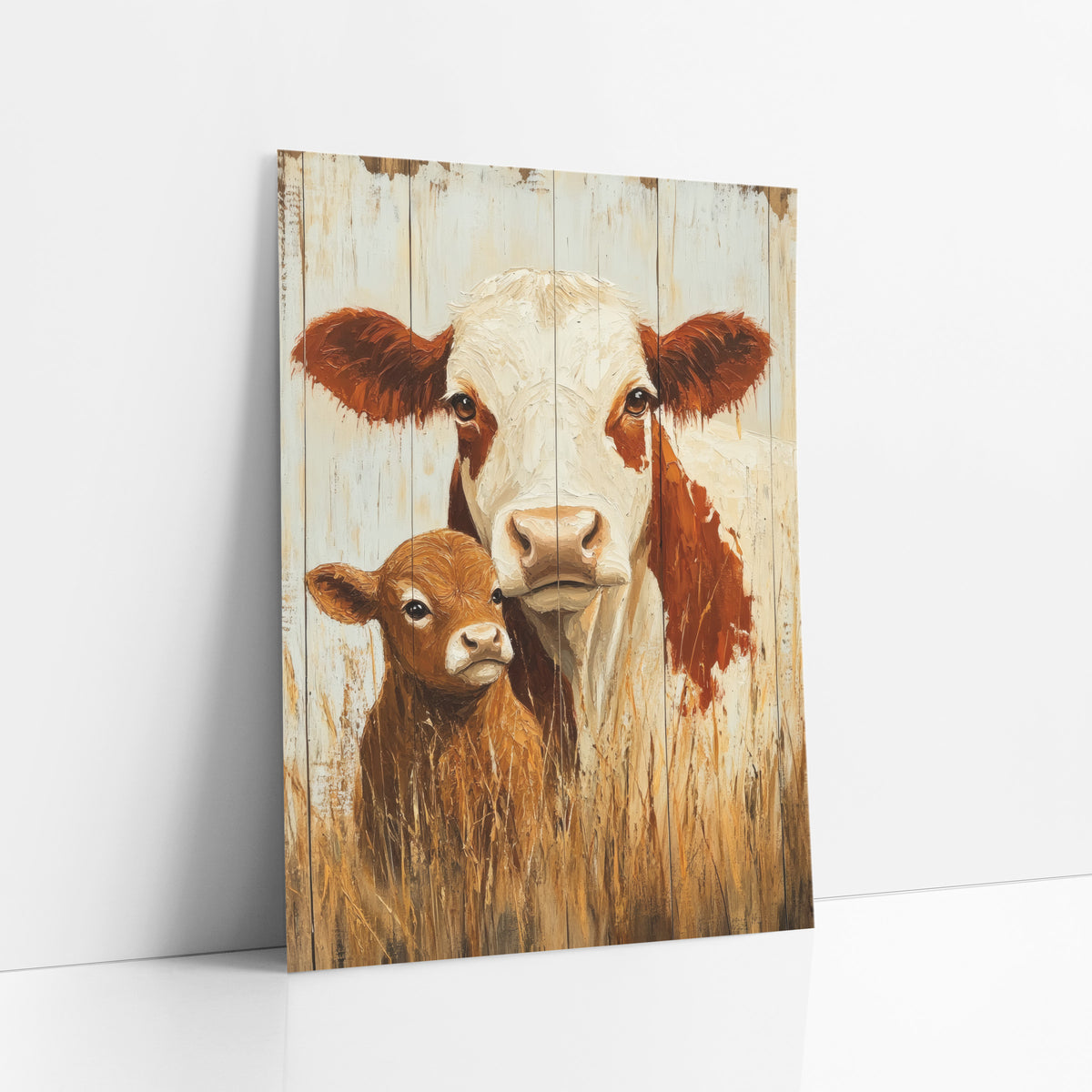 Cow Calf Whitewashed Planks Rustic art print leaning against a white wall – white-faced cow with rust red ears