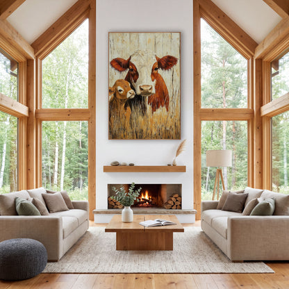 Rust Cow and Calf Farmhouse wall art in a rustic western-style room – rust-brown cow with cream face and small tan