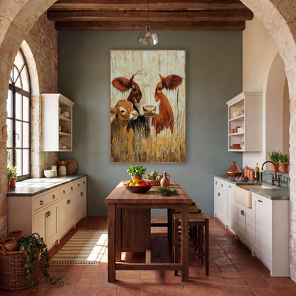 Rust Cow and Calf Farmhouse wall art in a rustic western-style room – rust-brown cow with cream face and small tan