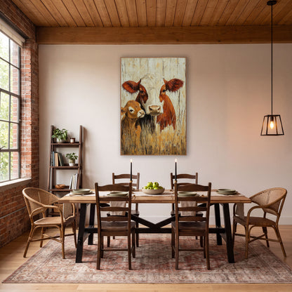 Rust Cow and Calf Farmhouse wall art in a rustic western-style room – rust-brown cow with cream face and small tan