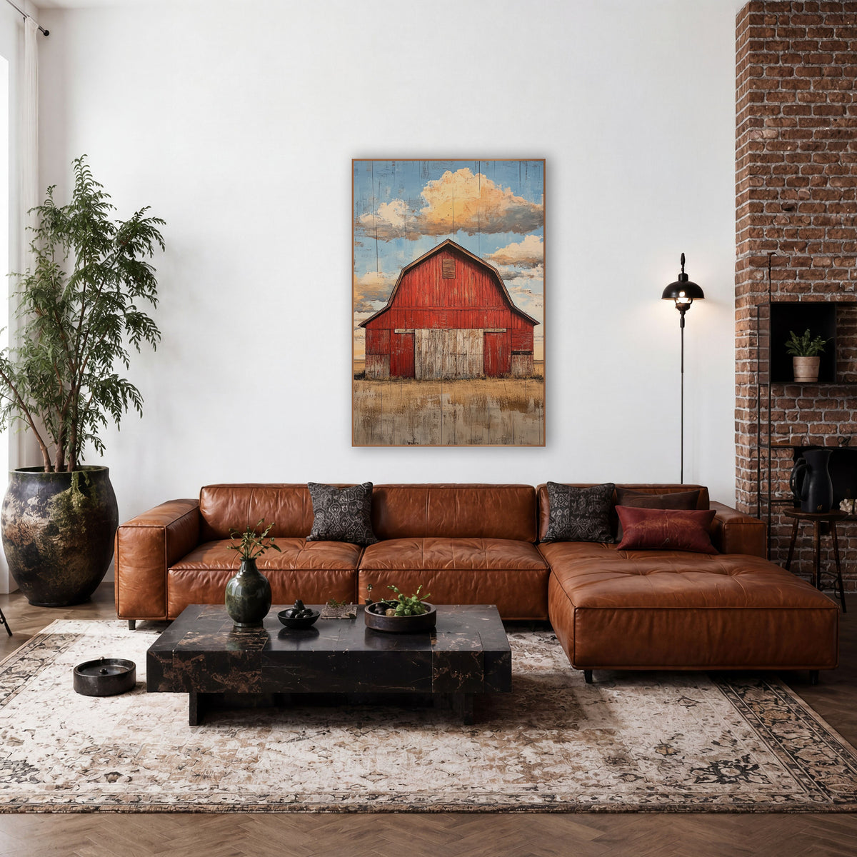 Red Barn Big Sky Western wall art in a rustic western-style room – red gambrel-roof barn with pale weathered doors