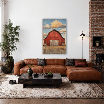Red Barn Big Sky Western wall art in a rustic western-style room – red gambrel-roof barn with pale weathered doors