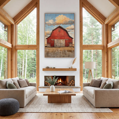 Red Barn Big Sky Western wall art in a rustic western-style room – red gambrel-roof barn with pale weathered doors
