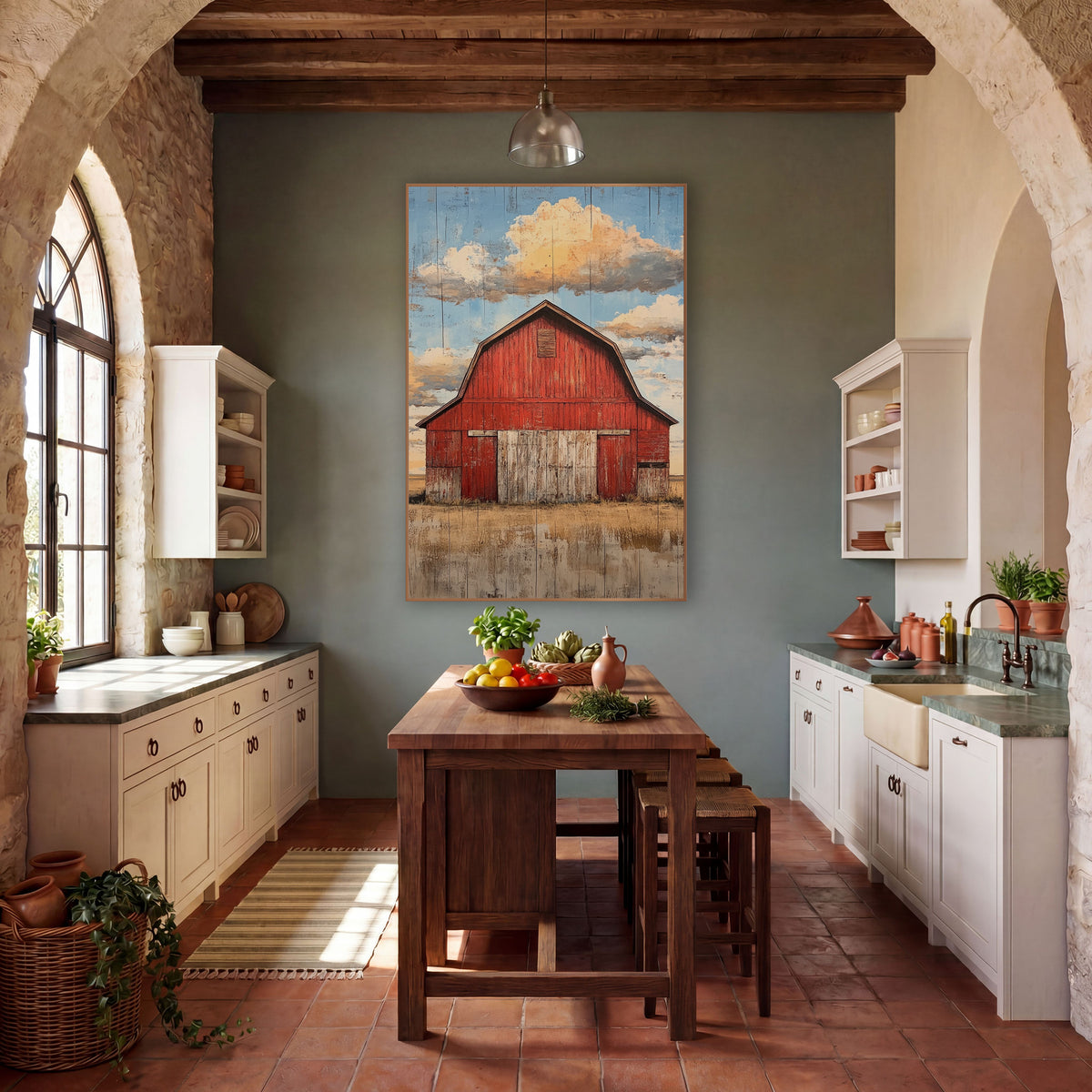 Red Barn Big Sky Western wall art in a rustic western-style room – red gambrel-roof barn with pale weathered doors