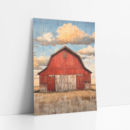Red Barn Big Sky Western art print leaning against a white wall – red gambrel-roof barn with pale weathered doors in a dry
