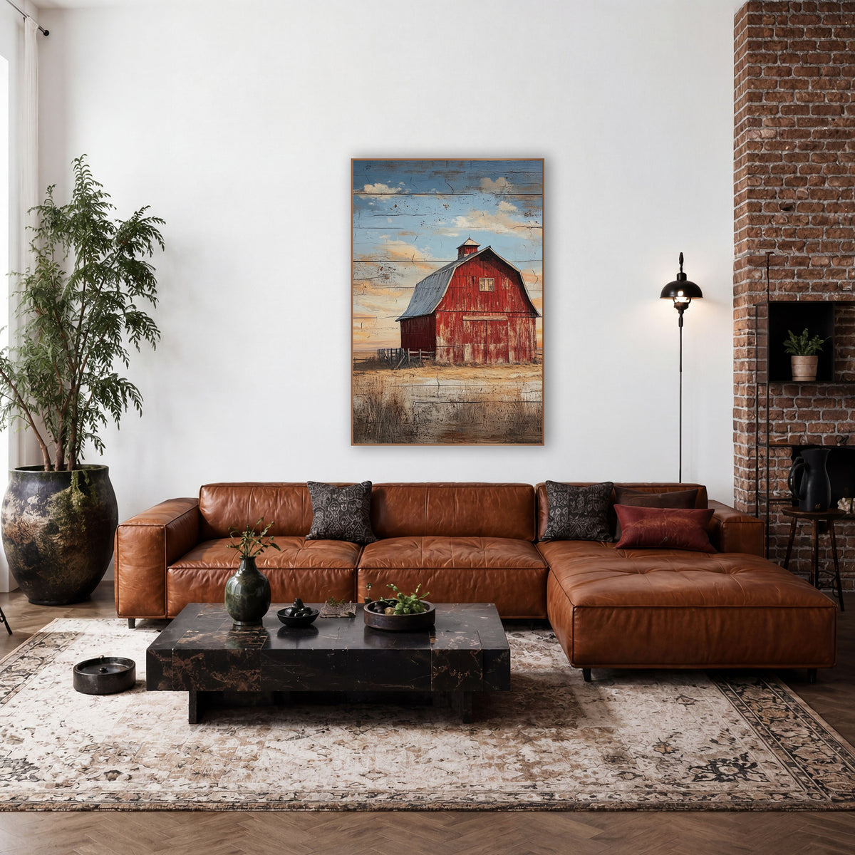 Weathered Red Barn Prairie Sky wall art in a rustic western-style room – faded red barn with gray roof and cupola