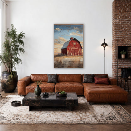 Weathered Red Barn Prairie Sky wall art in a rustic western-style room – faded red barn with gray roof and cupola