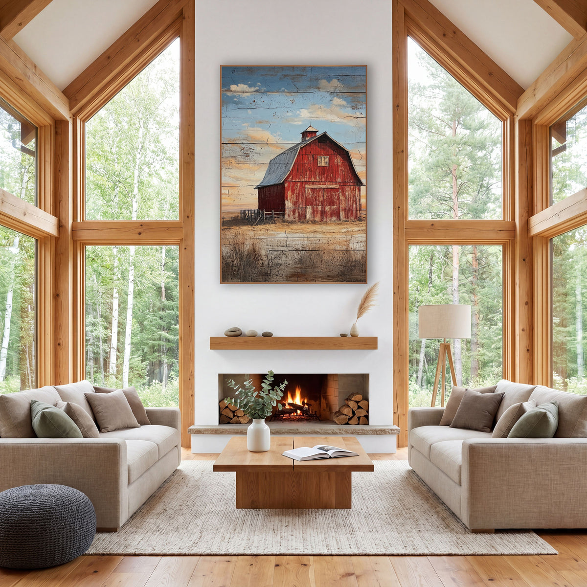 Weathered Red Barn Prairie Sky wall art in a rustic western-style room – faded red barn with gray roof and cupola
