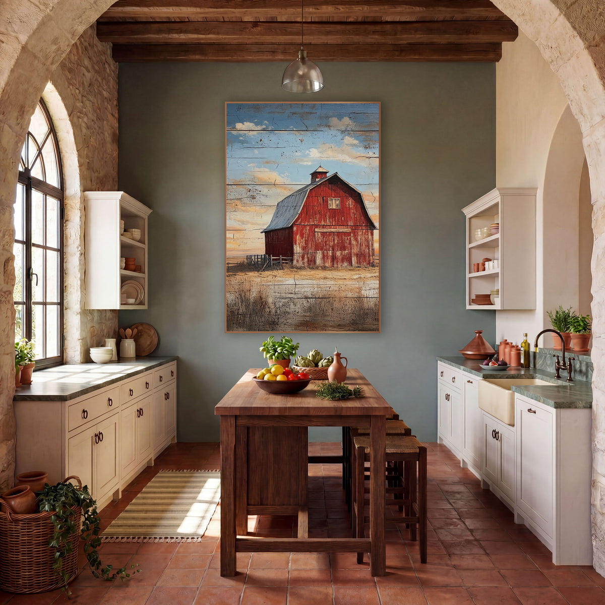 Weathered Red Barn Prairie Sky wall art in a rustic western-style room – faded red barn with gray roof and cupola