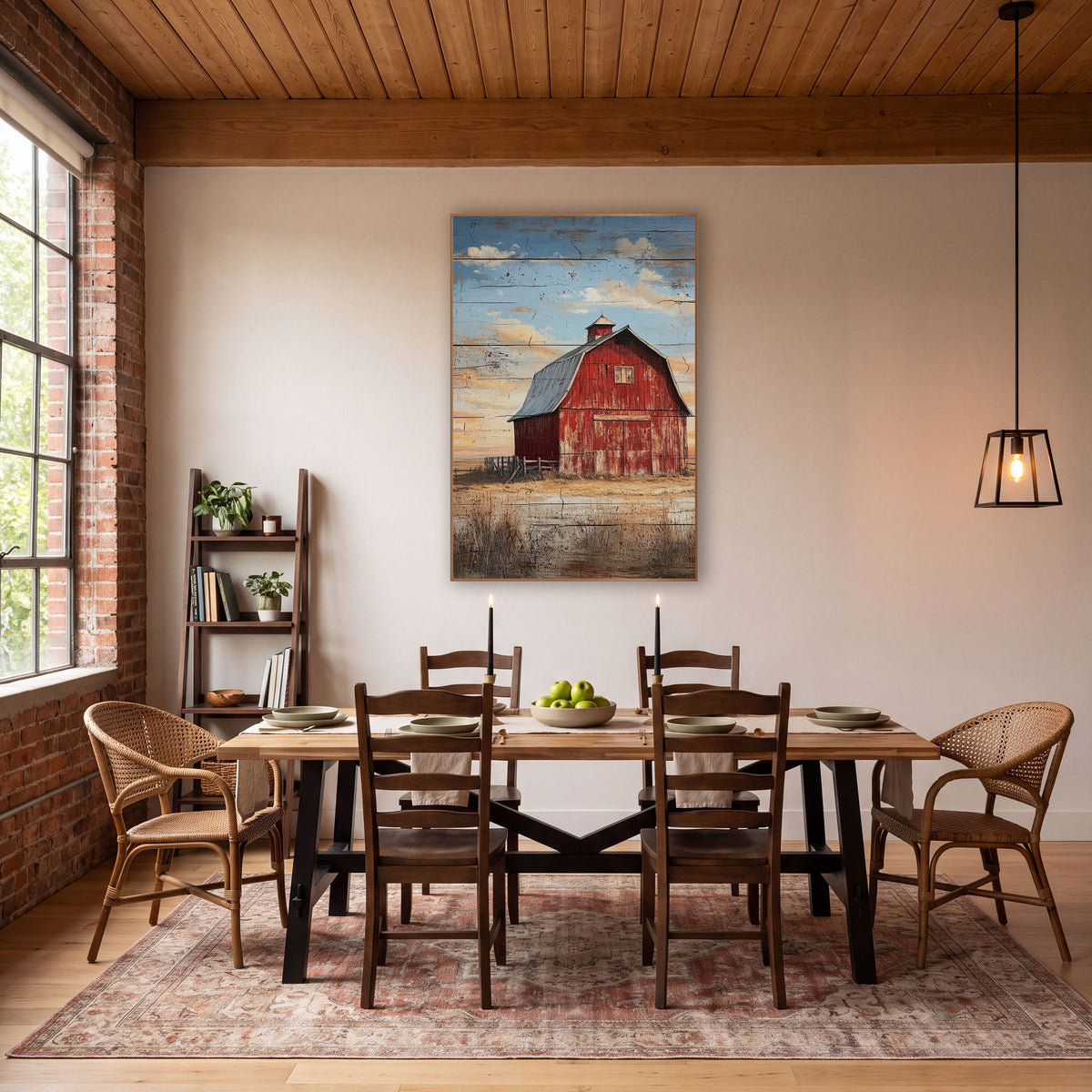 Weathered Red Barn Prairie Sky wall art in a rustic western-style room – faded red barn with gray roof and cupola