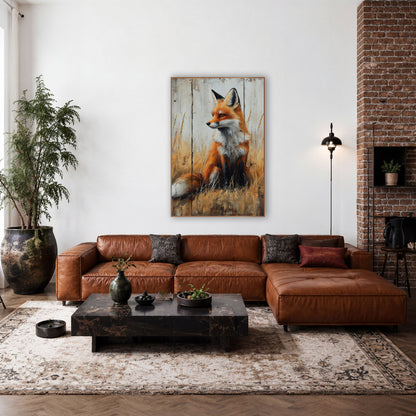 Seated Fox Left Gaze Rustic wall art in a rustic western-style room – red fox sitting in golden prairie grass, head