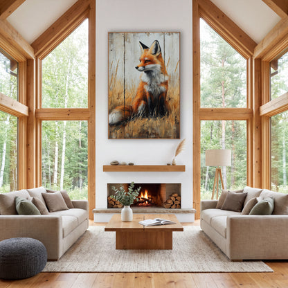 Seated Fox Left Gaze Rustic wall art in a rustic western-style room – red fox sitting in golden prairie grass, head