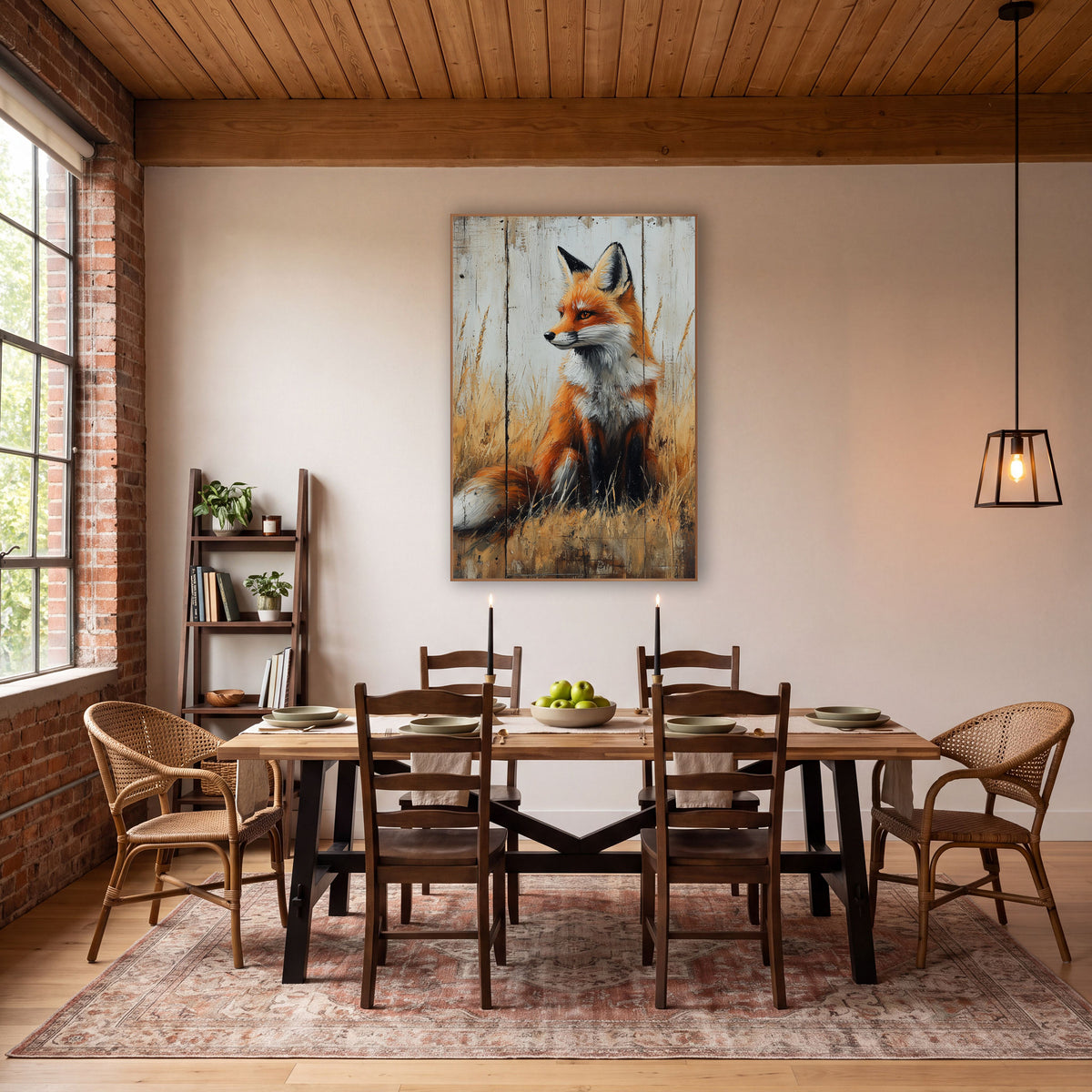 Seated Fox Left Gaze Rustic wall art in a rustic western-style room – red fox sitting in golden prairie grass, head