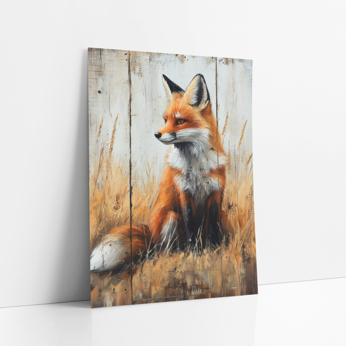 Seated Fox Left Gaze Rustic art print leaning against a white wall – red fox sitting in golden prairie grass, head turned