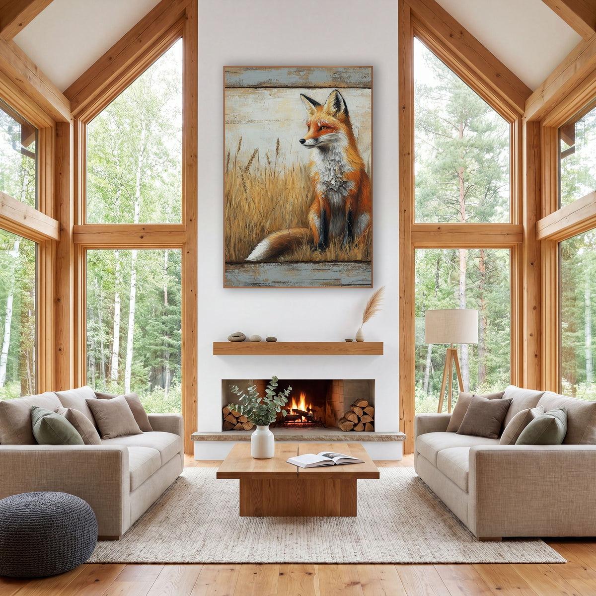 Fox Wheat Ears Meadow Painterly wall art in a rustic western-style room – red fox sitting in tall golden prairie grass