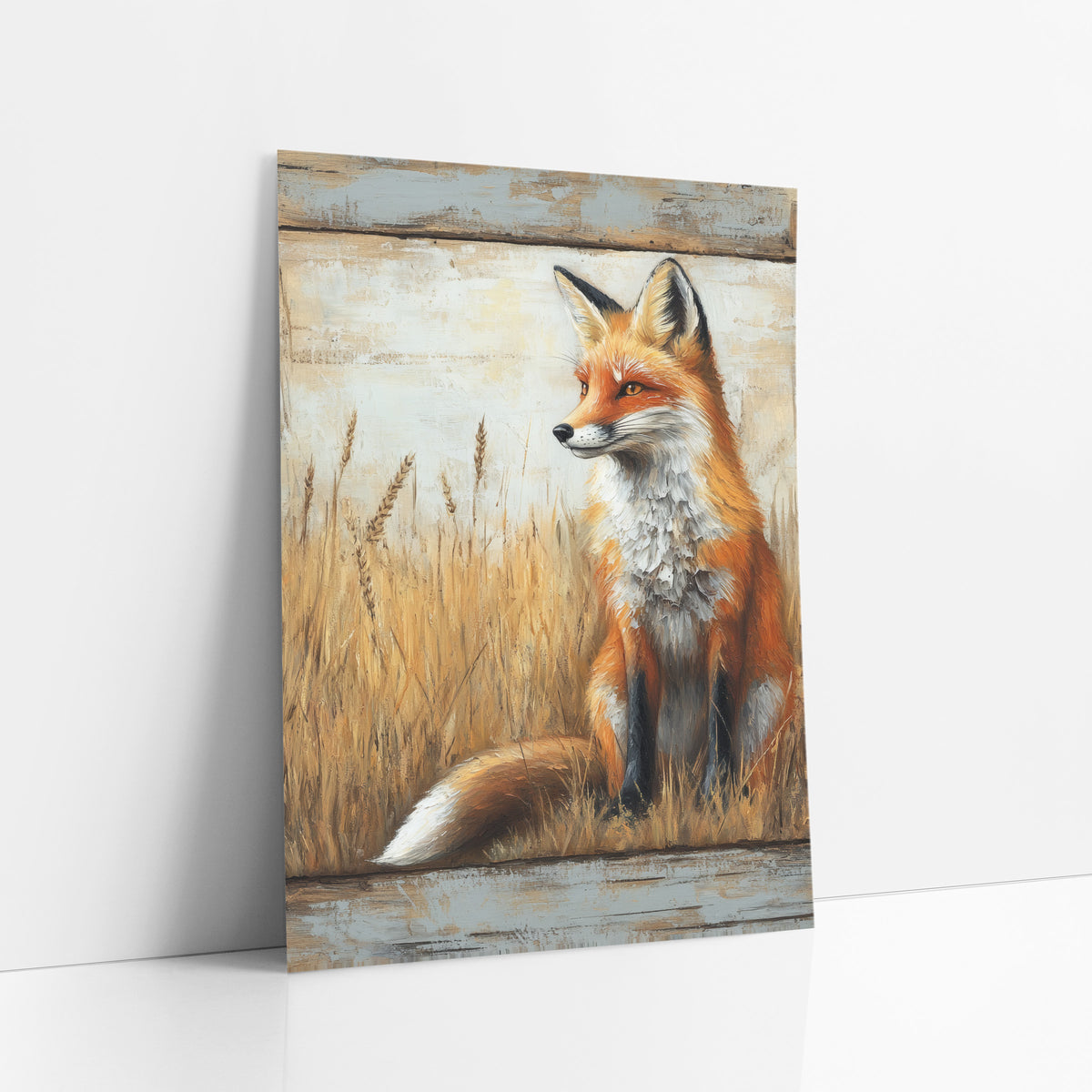 Fox Wheat Ears Meadow Painterly art print leaning against a white wall – red fox sitting in tall golden prairie grass