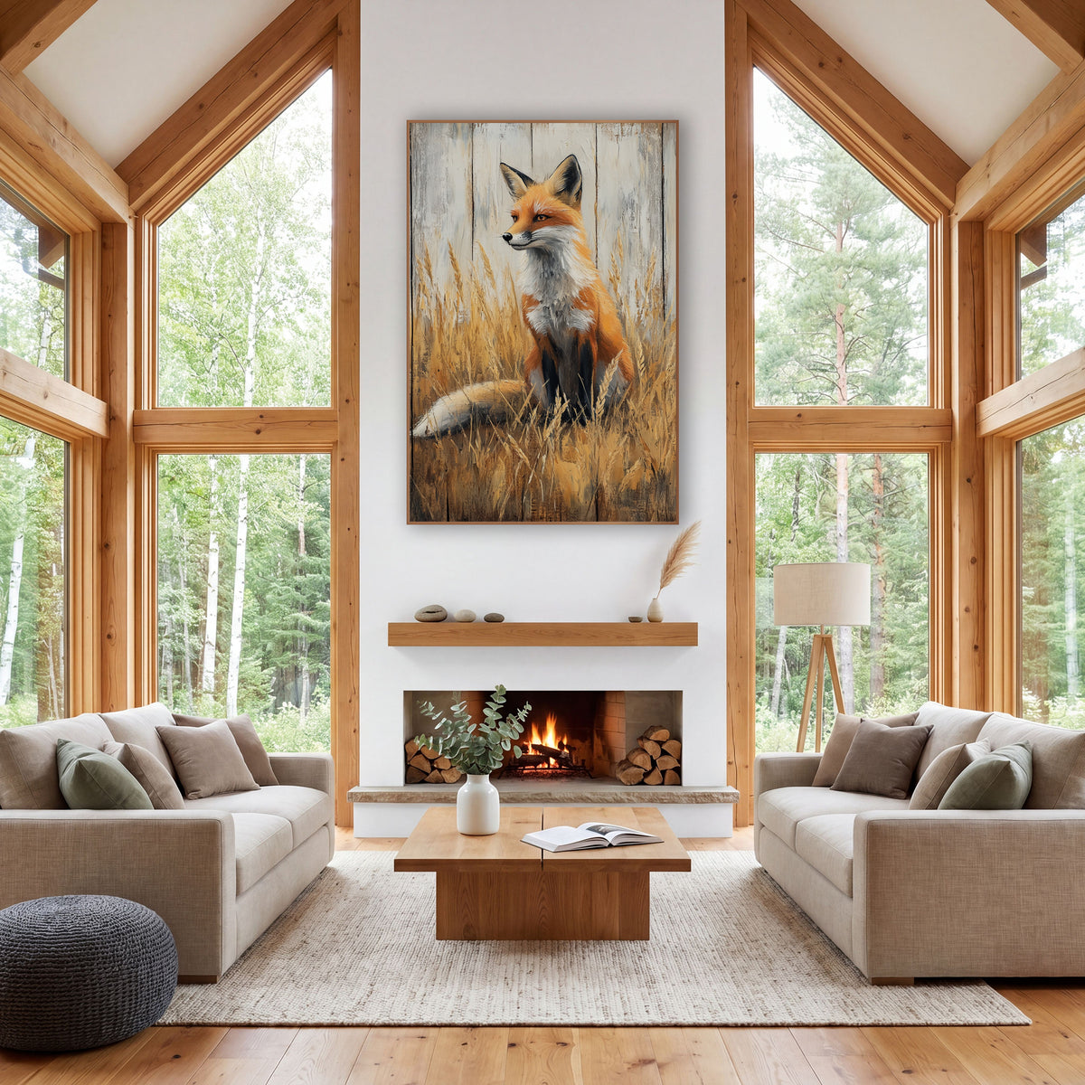 Upright Fox Tall Grass Rustic wall art in a rustic western-style room – red fox sitting upright in tall golden prairie