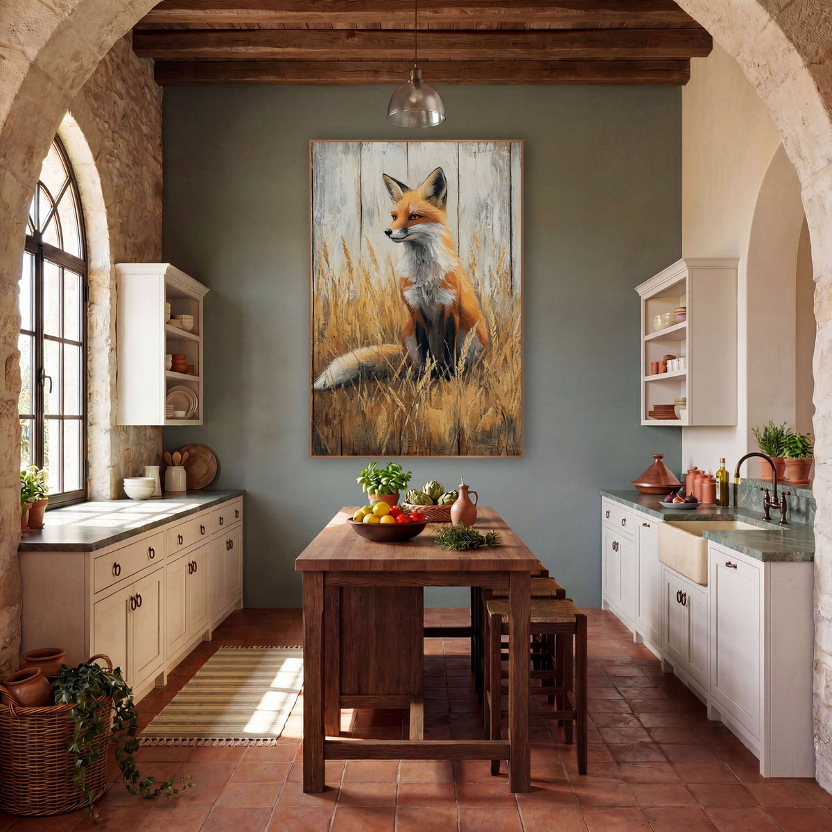 Upright Fox Tall Grass Rustic wall art in a rustic western-style room – red fox sitting upright in tall golden prairie