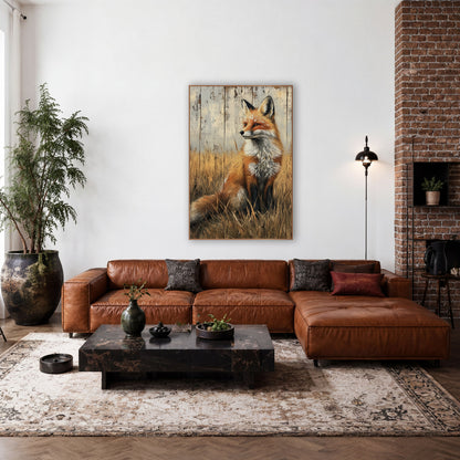 Red Fox Golden Grass Western wall art in a rustic western-style room – red fox with white chest sitting in tall golden