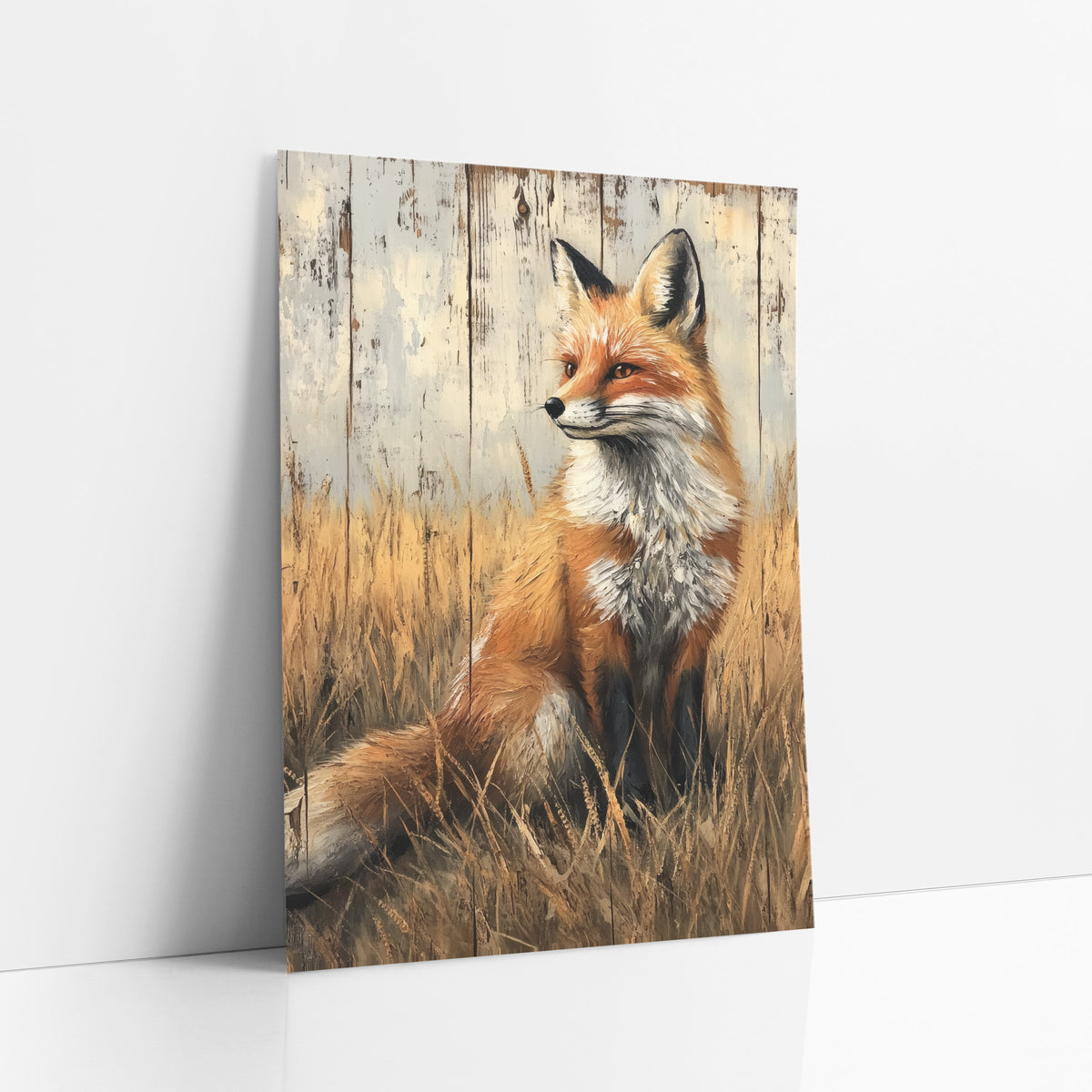 Red Fox Golden Grass Western art print leaning against a white wall – red fox with white chest sitting in tall golden grass