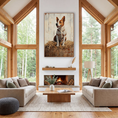 Happy Red Heeler Farmhouse Rustic wall art in a rustic western-style room – smiling brown and white red heeler dog