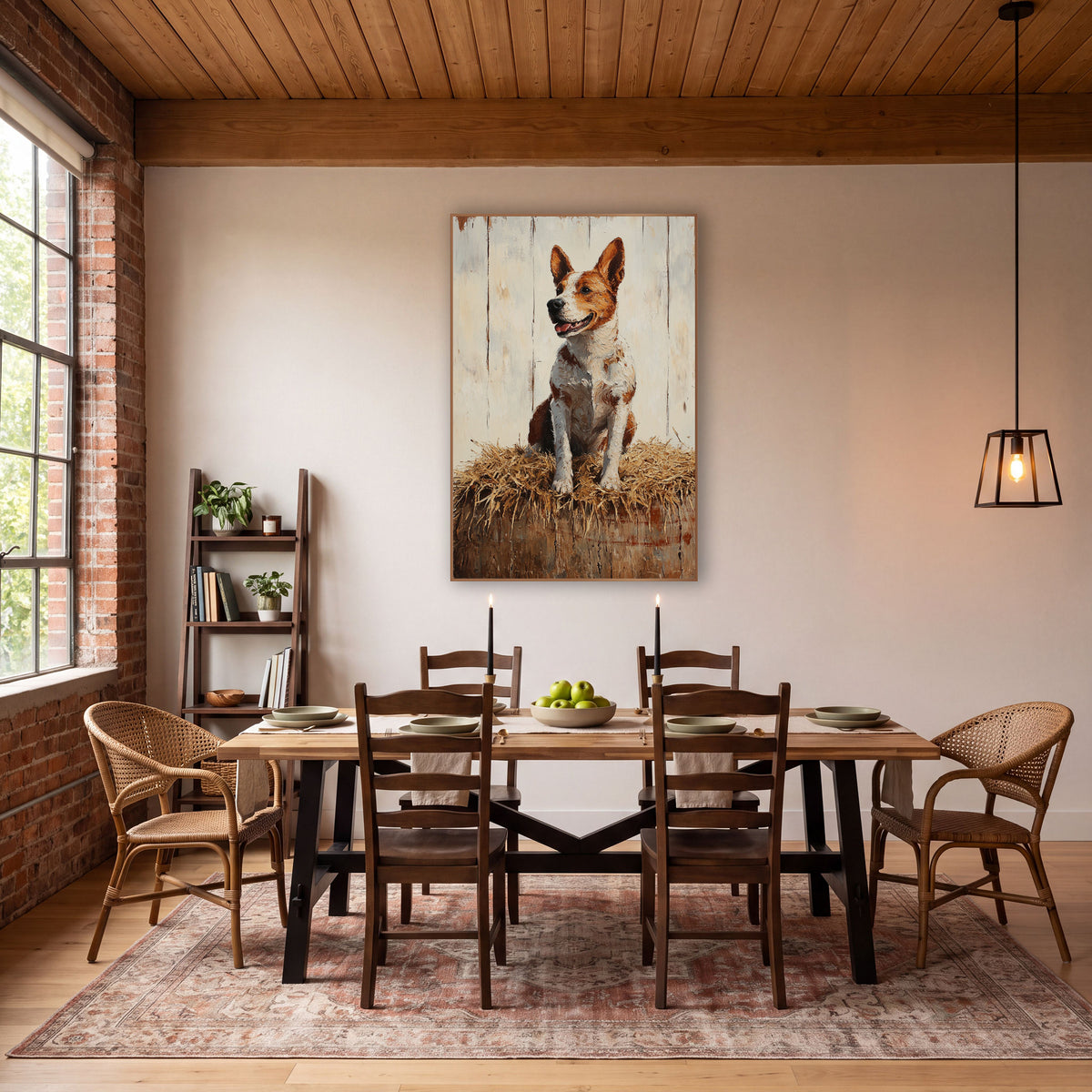 Happy Red Heeler Farmhouse Rustic wall art in a rustic western-style room – smiling brown and white red heeler dog