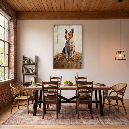 Happy Red Heeler Farmhouse Rustic wall art in a rustic western-style room – smiling brown and white red heeler dog