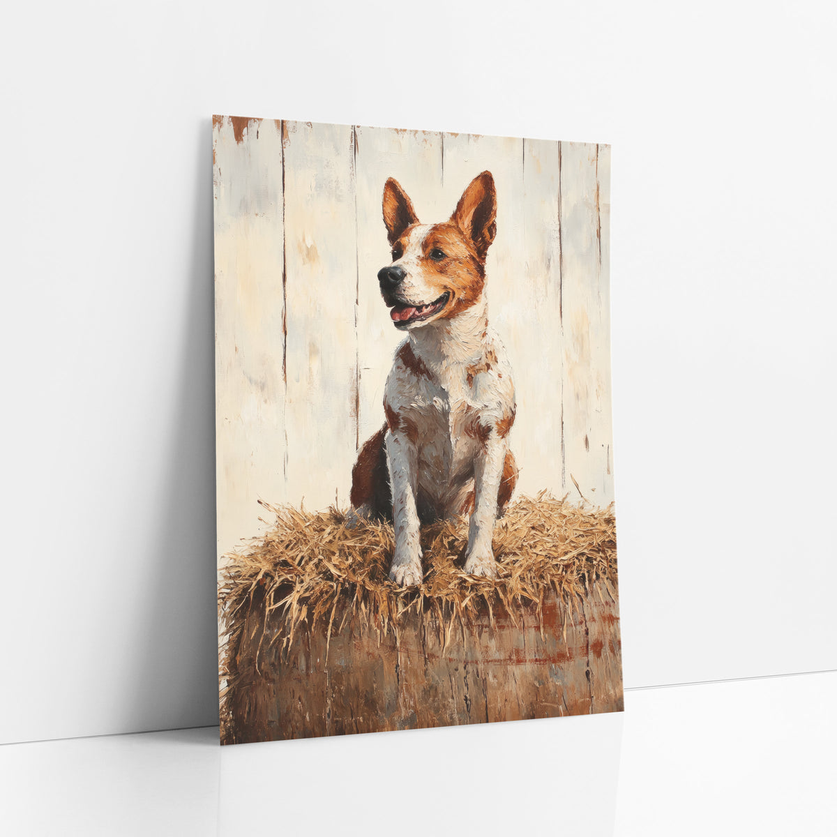 Happy Red Heeler Farmhouse Rustic art print leaning against a white wall – smiling brown and white red heeler dog sitting