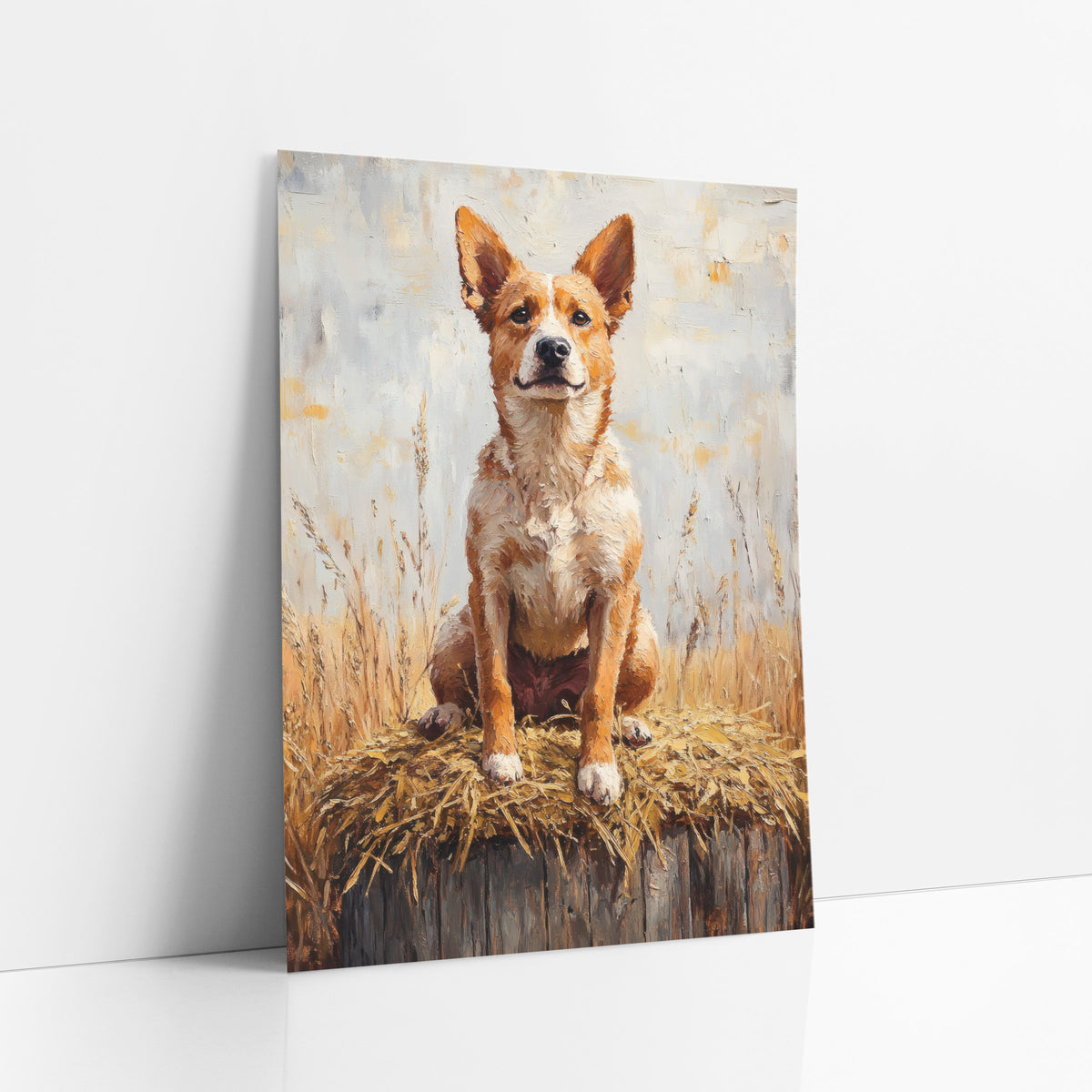 Red Heeler Dog Rustic Western art print leaning against a white wall – red heeler dog with pointed ears sitting upright
