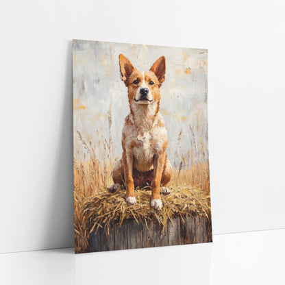 Red Heeler Dog Rustic Western art print leaning against a white wall – red heeler dog with pointed ears sitting upright