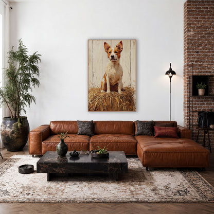 Cream Heeler Hay Sentinel Painterly wall art in a rustic western-style room – tan and white red heeler cattle dog