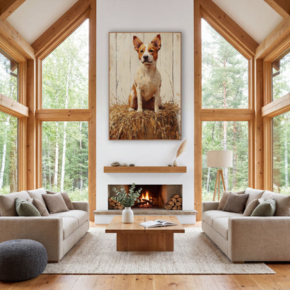 Cream Heeler Hay Sentinel Painterly wall art in a rustic western-style room – tan and white red heeler cattle dog