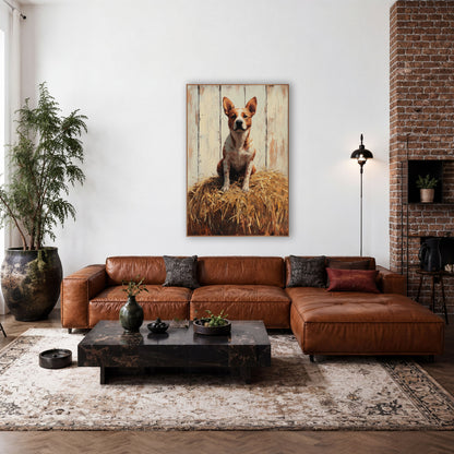 Speckled Heeler Haystack Mound Rustic wall art in a rustic western-style room – red heeler cattle dog sitting