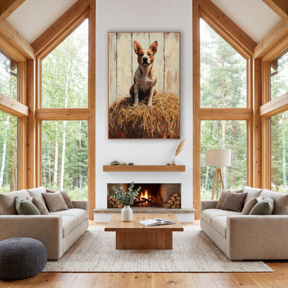 Speckled Heeler Haystack Mound Rustic wall art in a rustic western-style room – red heeler cattle dog sitting