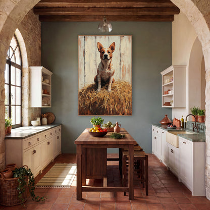 Speckled Heeler Haystack Mound Rustic wall art in a rustic western-style room – red heeler cattle dog sitting