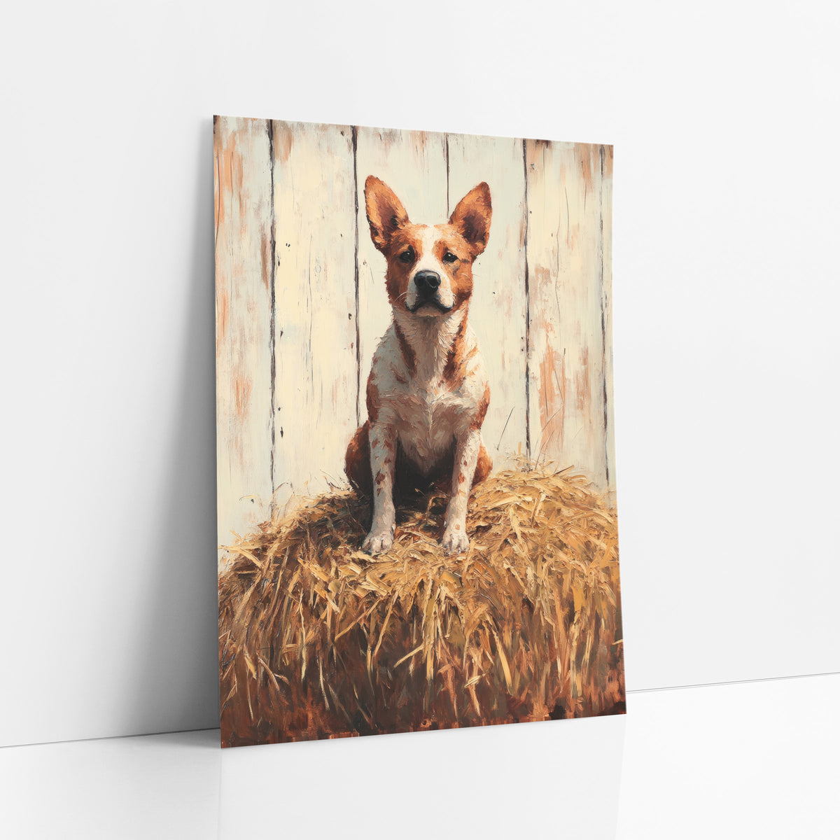 Speckled Heeler Haystack Mound Rustic art print leaning against a white wall – red heeler cattle dog sitting on a golden hay