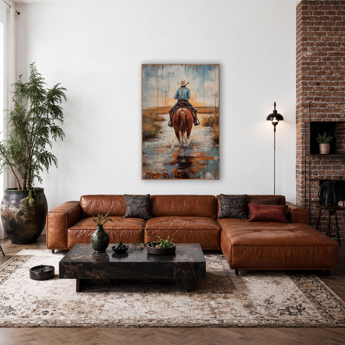 Whitewashed Plank Cowboy Ford Painterly wall art in a rustic western-style room – cowboy in cream hat and blue shirt