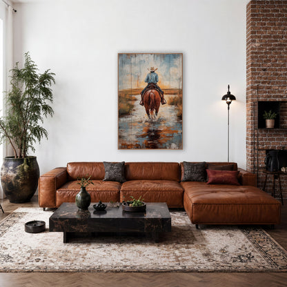 Whitewashed Plank Cowboy Ford Painterly wall art in a rustic western-style room – cowboy in cream hat and blue shirt