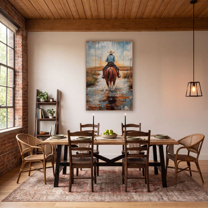 Whitewashed Plank Cowboy Ford Painterly wall art in a rustic western-style room – cowboy in cream hat and blue shirt