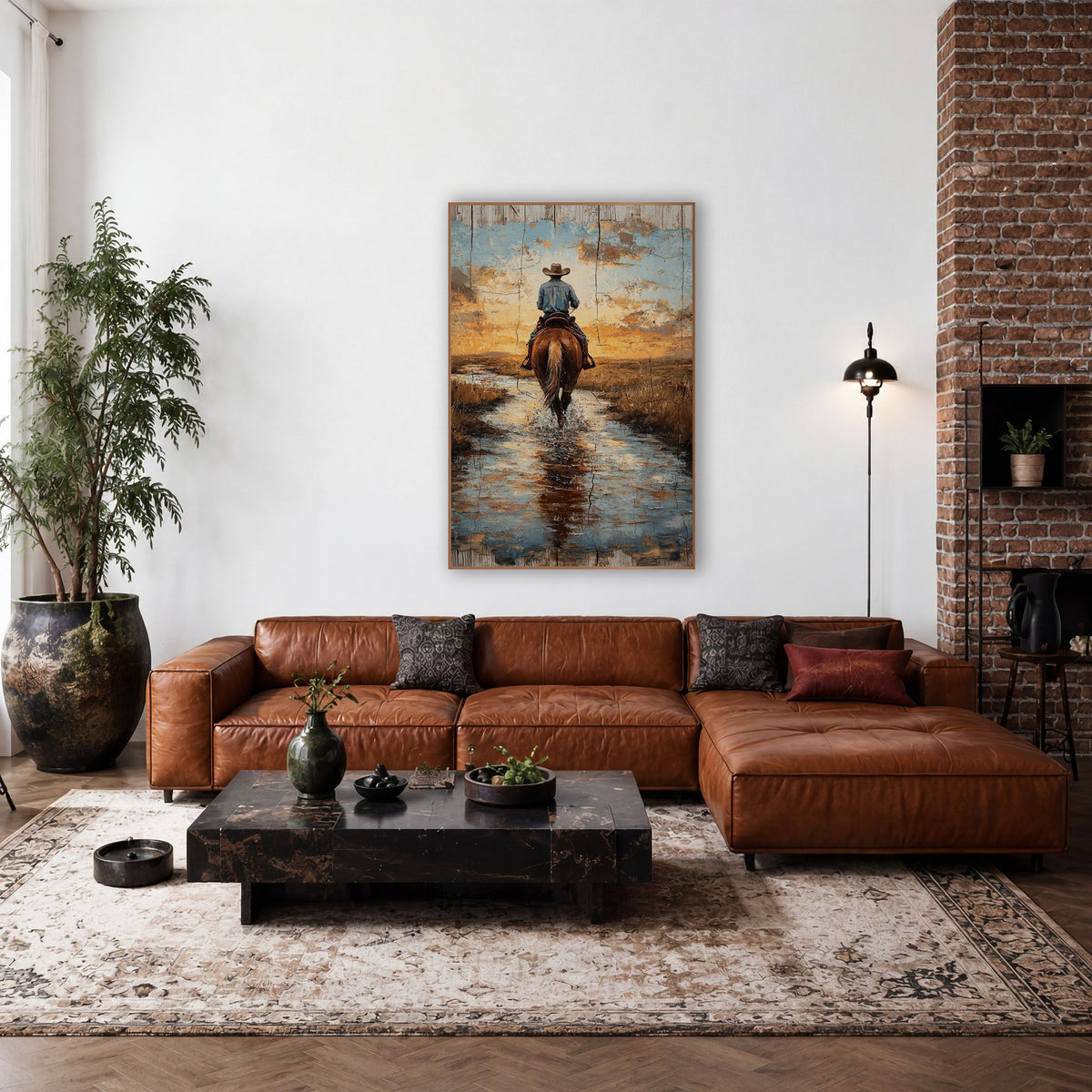 Cowboy Crossing Stream Western Rustic wall art in a rustic western-style room – cowboy on a chestnut horse crossing