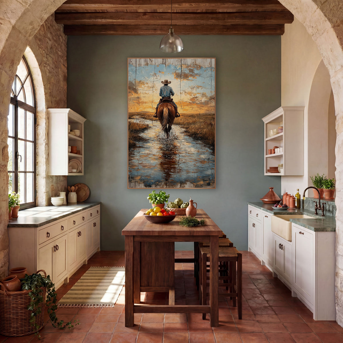 Cowboy Crossing Stream Western Rustic wall art in a rustic western-style room – cowboy on a chestnut horse crossing