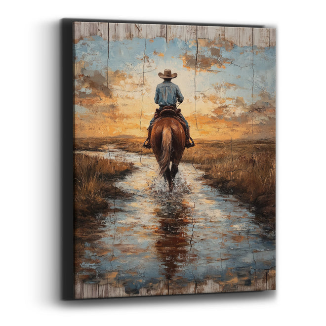 Cowboy Crossing Stream Western Rustic Canvas Wall Art