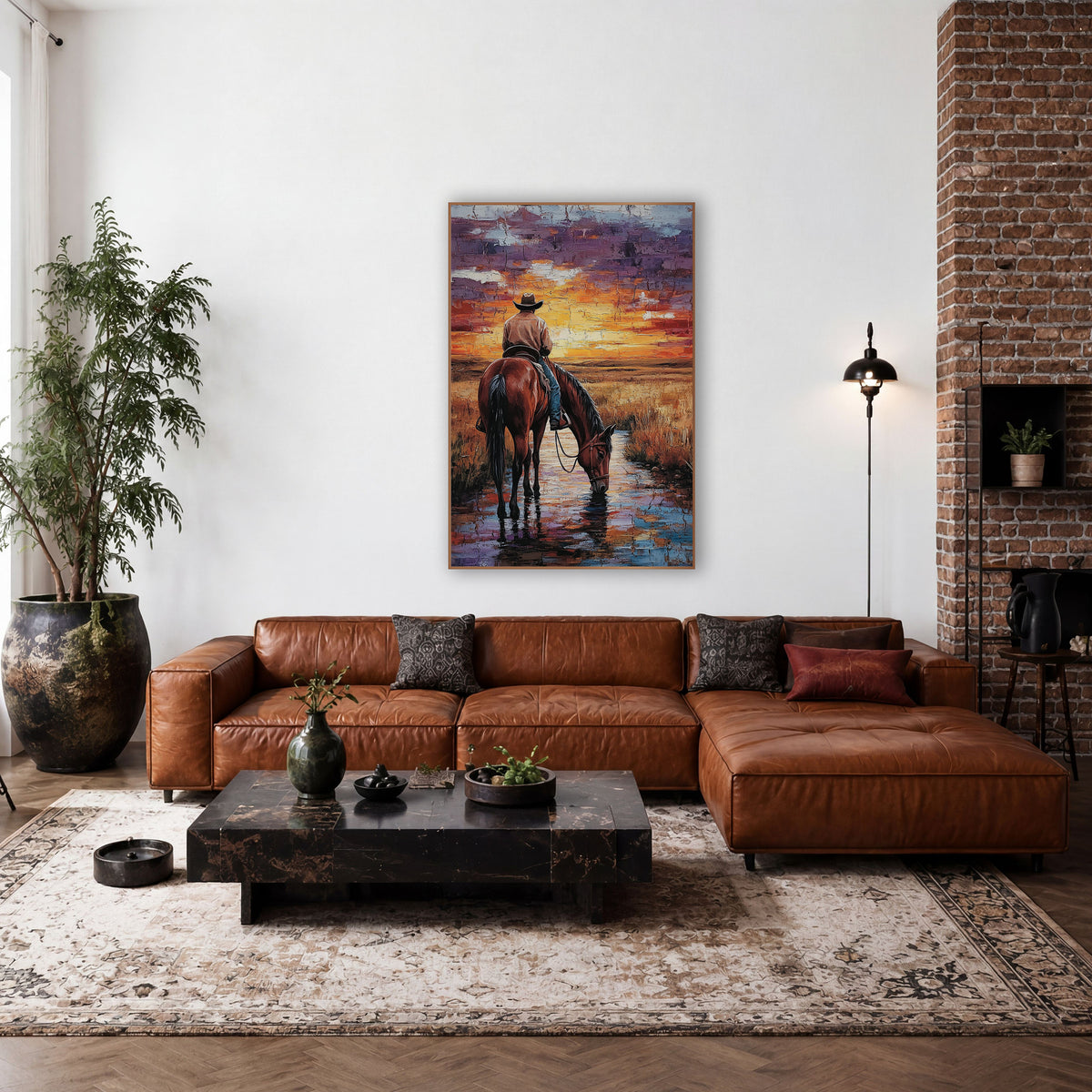 Cowboy Horse Sunset Western wall art in a rustic western-style room – cowboy on a bay horse drinking from a stream
