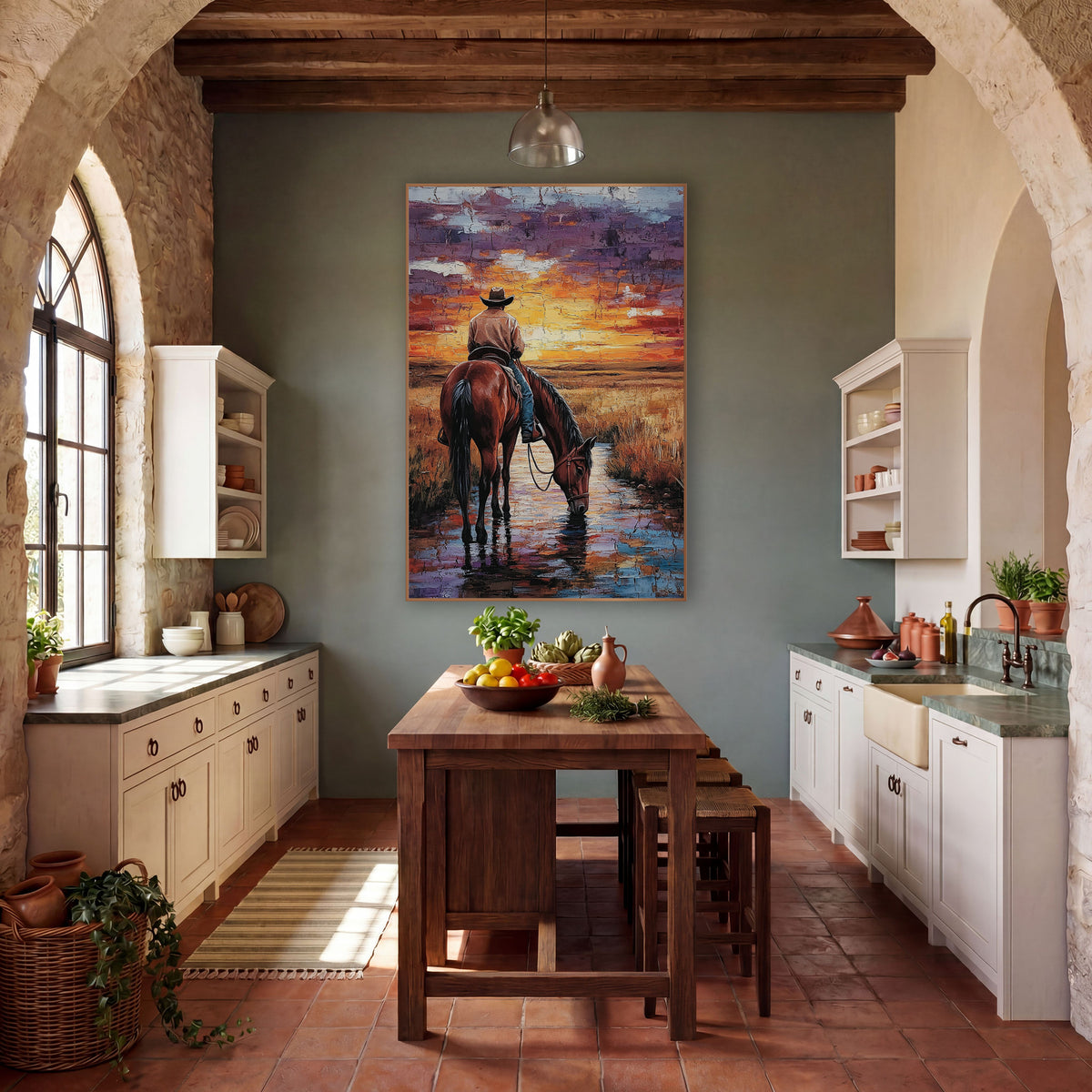 Cowboy Horse Sunset Western wall art in a rustic western-style room – cowboy on a bay horse drinking from a stream
