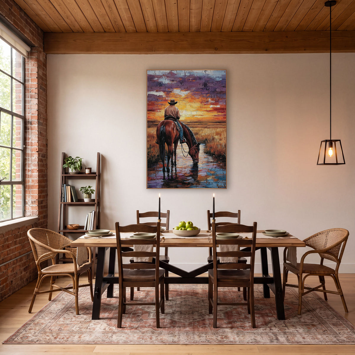 Cowboy Horse Sunset Western wall art in a rustic western-style room – cowboy on a bay horse drinking from a stream