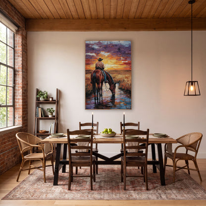Cowboy Horse Sunset Western wall art in a rustic western-style room – cowboy on a bay horse drinking from a stream