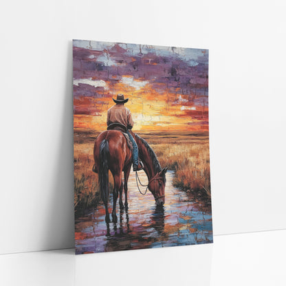 Cowboy Horse Sunset Western art print leaning against a white wall – cowboy on a bay horse drinking from a stream at sunset